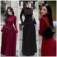 Sét váy thời trang mặc đi chơi đi tiệc chất tăm lạnh áo ôm cổ lọ tay dài phối chân váy lưng cao dài xoè