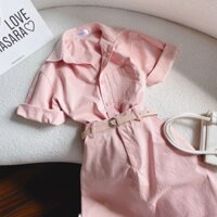 sét váy thời trang mặc đi chơi chất liệu kaki áo cổ vest tay ngắn váy dài maxi