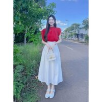 Set váy thời trang mặc tết áo đỏ chất voan tơ lót su cổ tròn tay áo cánh dơi chân váy cotton lạnh dáng dài xoè