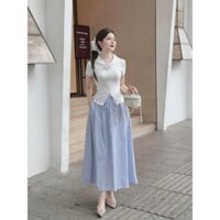 set váy thời trang nữ áo chất tăm lạnh cổ tròn tay ngắn vạc bầu có bông hoa chân váy dáng dài chất lennin