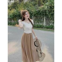 Set váy thời trang nữ áo ren cổ V cột dây ngực tay ngắn dáng váy đũi lưng thun xếp ly chữ A dài maxi trẻ trung