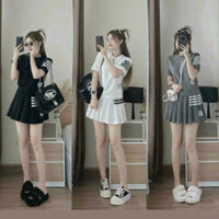 Set váy thời trang nữ áo thun cổ tròn phối sọc ngang chất thun mix váy xếp ly ngắn thể thao cực xinh ĐẦM VÁY