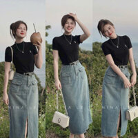 Set váy thời trang nữ áo thun tay ngắn trơn phối chân váy jean dài túi hộp lưng thun sau xẻ tà trước siêu xinh💃 👗 👗 �