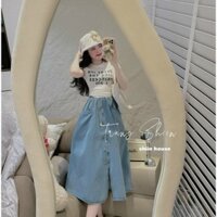Set váy thời trang nữ áo thun in chữ rút hông phối chân váy jean/denim nút dáng dài thanh lịch cho nàng đi học,đi chơi