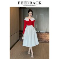 Set váy thời trang nữ áo thun gân váy tuyết mưa sang trọng quý phái áo dài tay trễ vai in chữ váy dài xòe