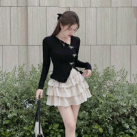 Set váy thời trang nữ ,áo thun tay ngắn/tay dài đen vạt xéo tag nơ phối chân váy lụa tầng có lót tiểu thư diện đi chơi