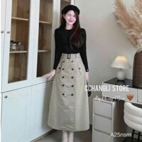 Set váy thời trang nữ áo thun gân cổ tròn tay dài chân váy kaki dáng chữ A dài qua gối đính nút, kèm đai