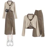 Set váy thời trang nữ áo thun gân váy kaki áo dây cổ tròn khoác ngoài dài tay kèm dây thắt nhẹ nhàng
