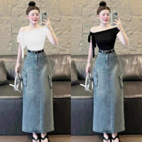 Sét Váy thời trang nữ áo thun gân trễ vai, kèm chân váy jean có nịt thanh lịch xinh xắn phù hợp đi chơi, đi dạo phố 💃💃