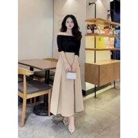 Set váy thời trang nữ áo trễ vai chất thun gân co dãn tay lở phối chân váy kaki lượn sóng siêu hack dáng