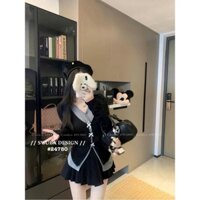 Set váy thời trang nữ chất áo thun gân tay dài cổ V phối chân váy cotton xòe xếp ly thích hợp mặc đi chơi