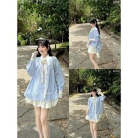 Set váy thời trang nữ chất lụa ý áo sơmi tay dài phối chân váy bí phồng xòe thiết kế trẻ trung xinh xắn