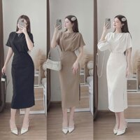 Set váy thời trang nữ chất cotton lạnh áo cổ tròn tay cánh dơi mix chân váy ôm boddy xẻ tà thiết kế trẻ trung