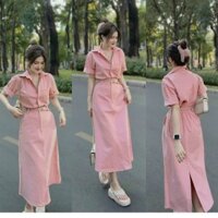 Set váy thời trang nữ chất kaki cổ sơ mi đính nút tay ngắn váy lưng nút kèm đai nịt 2 túi ống trum xẻ lai sau dài maxi