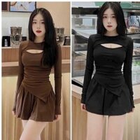 Set Váy Thời Trang Nữ, Chất Thun Tăm Lạnh Áo Dài Tay Khoét Ngực Vạt Chéo Kèm Chân Váy Ngắn Xòe