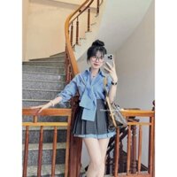 Set váy thời trang nữ chất kate caro áo sơ mi tay dài kèm choàng mix chân váy ngắn xòe phối cotton lạnh