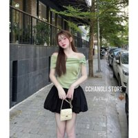 Set váy thời trang nữ chất thun gân áo tay ngắn trễ vai mix chân váy bí phồng thiết kế 3 màu xinh xắn