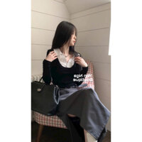 Sét váy thời trang nữ chất thun gân cổ V tay dài váy kaki lưng nút phối nịtu dài xẽ lai maxi tôn dáng cute