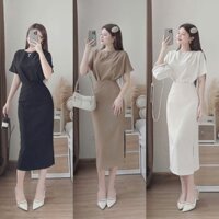 Set váy thời trang nữ chất cotton lạnh áo cổ tròn tay cánh dơi mix chân váy ôm body xẻ tà thiết kế trẻ trung