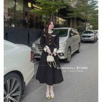 Set váy thời trang nữ dáng dài xòe kèm áo tiểu thư dài tay chất liệu linen