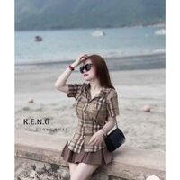 Set váy thời trang nữ đi chơi hottrend ,Set áo sơ mi tay ngắn sọc caro phối chân váy xếp lý nâu, xanh trẻ trung xinh xắn