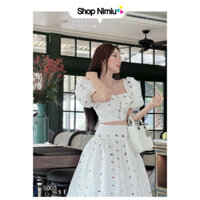 Sét váy thời trang nữ mặc đi chơi chất lụa chuẩn fom t hình in hoa chấm bi crotop mix chân váy xoè chữ a