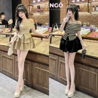 Set váy thời trang nữ mặc đi chơi áo trễ vai sọc ngang vạt xẻ đính nút phối chân váy xoè tầng