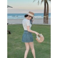 Set váy thời trang nữ mặc đi chơi,Set áo cổ trái tim,tay ngắn chất thun xịn 2 màu mix chân váy jean/denim xếp ly basic.