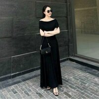 Set váy thời trang nữ mặc đi chơi chất cotton cổ trễ vai tay ngắn bo eo chân váy xoè dáng dài maxi siêu xinh dễ thương