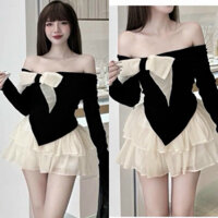 Set váy thời trang nữ mặc đi chơi áo đen trễ vai nơ vạt chéo phối chân váy voan tầng 2 lớp tiểu thư dễ thương QC🌹 ĐẦM V