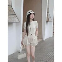 *Set váy thời trang nữ mặc đi chơi chất ren 2 lớp cổ tròn tay ngắn quần short kaki ống rộng có dây nơ dáng maxi siêu đẹp