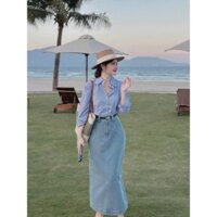 Set váy thời trang nữ mặc đi chơi chất tơ cổ sơ mi đính nút giữa tay dài chân váy jean chữ A dangs maxi siêu xinh