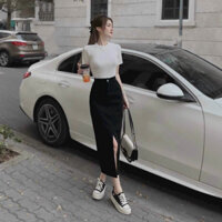 Set váy thời trang nữ mặc đi chơi, sét áo croptop chết thun gân kèm chân váy kaki xẻ tà trước,