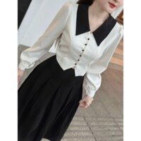 Sét váy thời trang nữ mặc đi chơi chất mango phối màu áo cổ bẻ tay dài cài nút trước mix chân váy dài xòe maxi