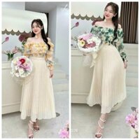 Sét váy thời trang nữ mặc đi chơi chất Voan áo bèo 3 tầng trễ vai tay dài mocking thân sau mix chân váy xếp ly có lót