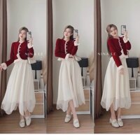 Sét váy thời trang nữ mặc đi chơi váy lai tam giác có lót kèm áo tay dài bèo voan, Freesize