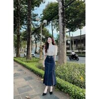 Set váy thời trang nữ mặc đi chơi chất lụa cổ tàu đính nút giữa tay ngắn chân váy jean cứng đuôi cá dài ôm dáng maxi