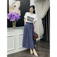 *Set váy thời trang nữ mặc đi chơi chất áo tăm lạnh cổ tròn in chữ tay lỡ chân váy jean xoè có túi dáng maxi siêu xinh