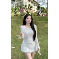 *Set váy thời trang nữ mặc đi chơi chất áo ren hoa cổ tròn đính hoa ngực tay dài chân váy lông ôm sát có lót dáng mini