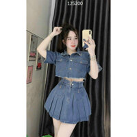 Sét váy thời trang nữ mặc đi chơi. áo croptop cài nút mix chân váy xếp ly chất jean QC