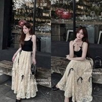 Sét váy thời trang nữ mặc đi chơi áo chất thun tắm 2 dây ba lỗ ôm đen phối chân váy ren đính nơ xoè maxi MTB