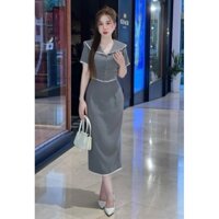 *Set váy thời trang nữ mặc đi chơi chất cotton lạnh cổ sơ mi bèo đính nút bọc tay ngắn chân váy bút chì dáng maxi