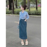 *Set váy thời trang nữ mặc đi chơi chất áo kate cổ sơ mi đính nút giữa tay dài kèm nơ chân váy jean cứng chữ A dáng maxi