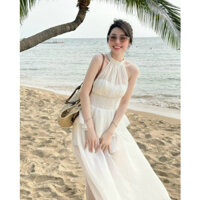 Set váy thời trang nữ mặc đi biển chất voan xướt cổ yếm không tay bo eo dáng váy suông dài maxi siêu xinh trẻ trung