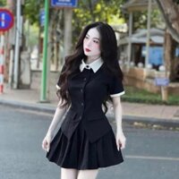 Sét váy thời trang nữ tiểu thư nhẹ nhàng sét váy mango áo vest tay ngắn viền cổ bẻ phối trắng mix chân váy xếp ly ngắn