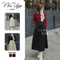 Set váy thời trang nữ,Áo đỏ tay dài, cổ cột nơ voan phối, chân váy midi xếp ly phong cách sang trọng tinh tế