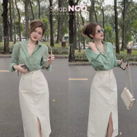 Set váy thời trang nữ,set váy dáng dài xẻ  tà giữa áo sơ mi xanh gài nút trơn màu siêu xinh đi chơi,cafe,hẹn hò.....