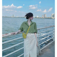 Set váy thời trang nữ,set váy dáng dài xẻ  tà giữa áo sơ mi xanh gài nút trơn màu siêu xinh đi chơi,cafe,hẹn hò.....