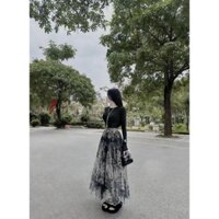 Set váy thời trang thiết kế nữ cổ tròn áo dài tay chân váy lưới 2 lớp dài xòe phối màu loang trẻ trung