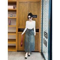 Set váy thời trang trẻ trung áo thun gân tay dài cổ V chân váy jeans Quảng Châu xẻ tà cao cấp dày dặn